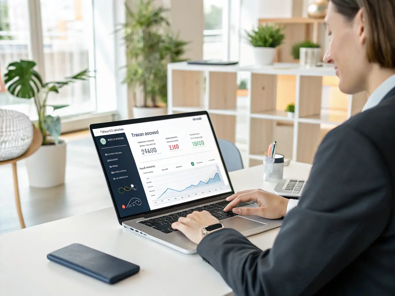 An image showing a business professional using the Mooncard platform on a laptop, with graphs and payment data displayed on the screen, in a modern office setting.